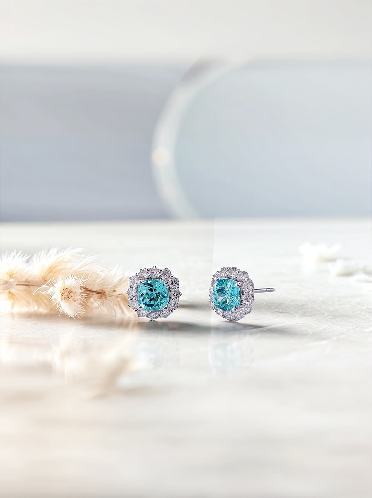 Halo setting cushion cut lab grown Paraiba earrings stud