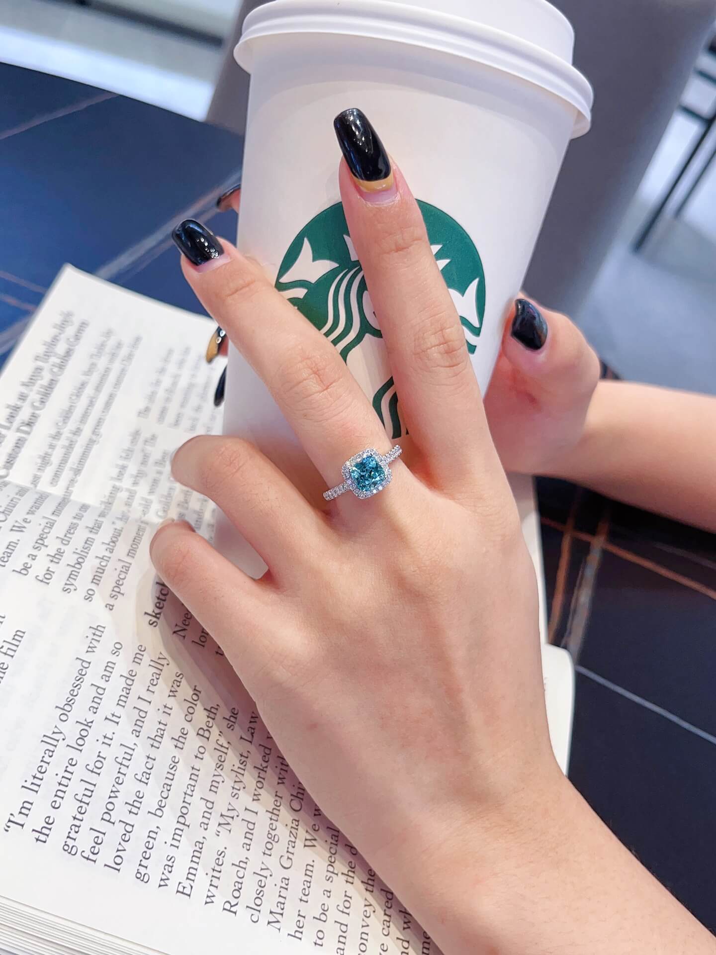Halo setting cushion cut  lab grown Paraiba engagement ring