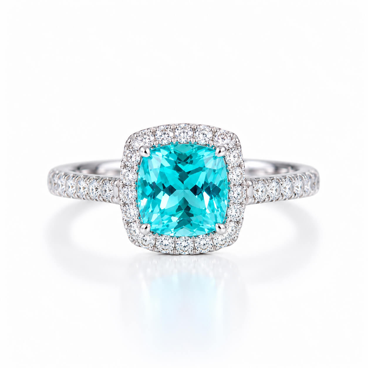 Halo setting cushion cut  lab grown Paraiba engagement ring