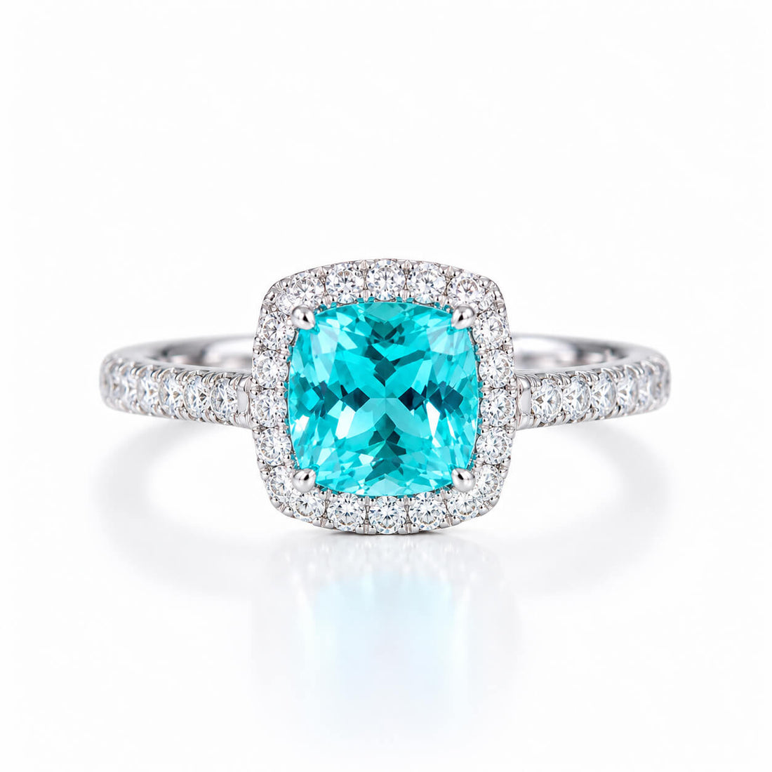 Halo setting cushion cut  lab grown Paraiba engagement ring