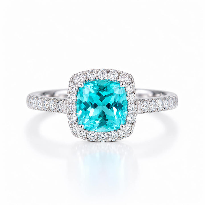 Halo setting cushion cut  lab grown Paraiba engagement ring