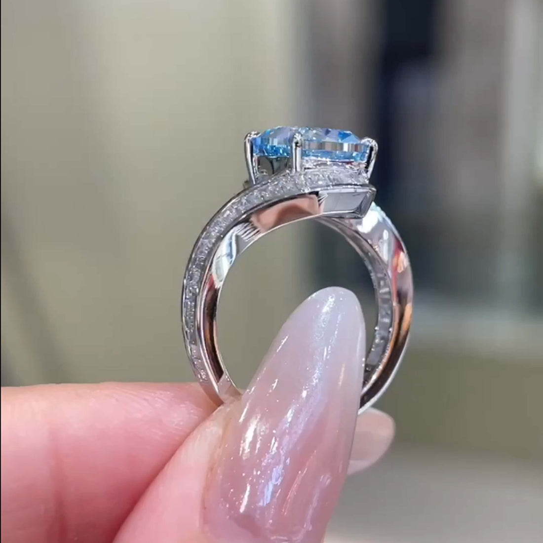 Halo setting cushion cut lab grown blue diamond engagement ring