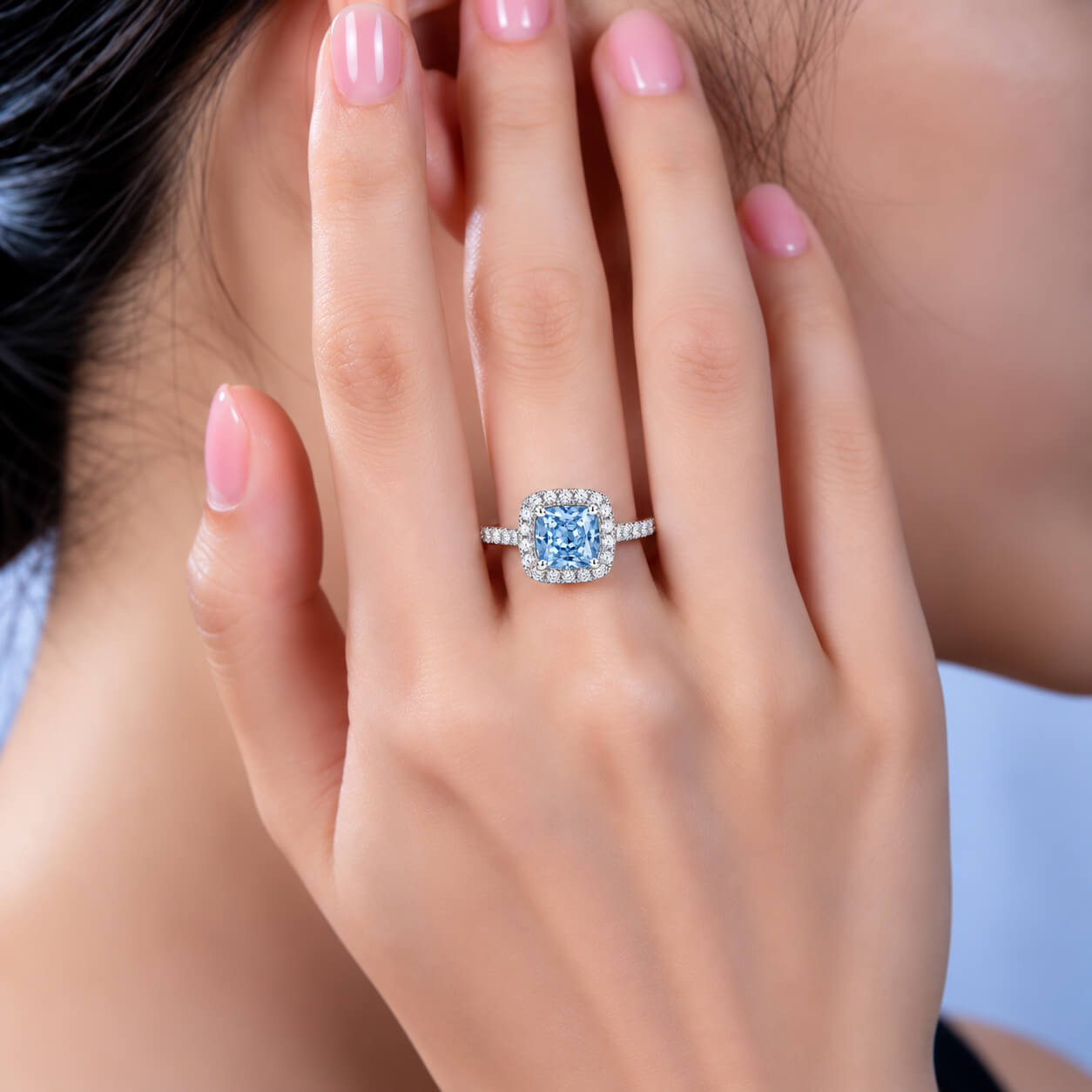 Halo setting cushion cut lab grown blue diamond engagement ring