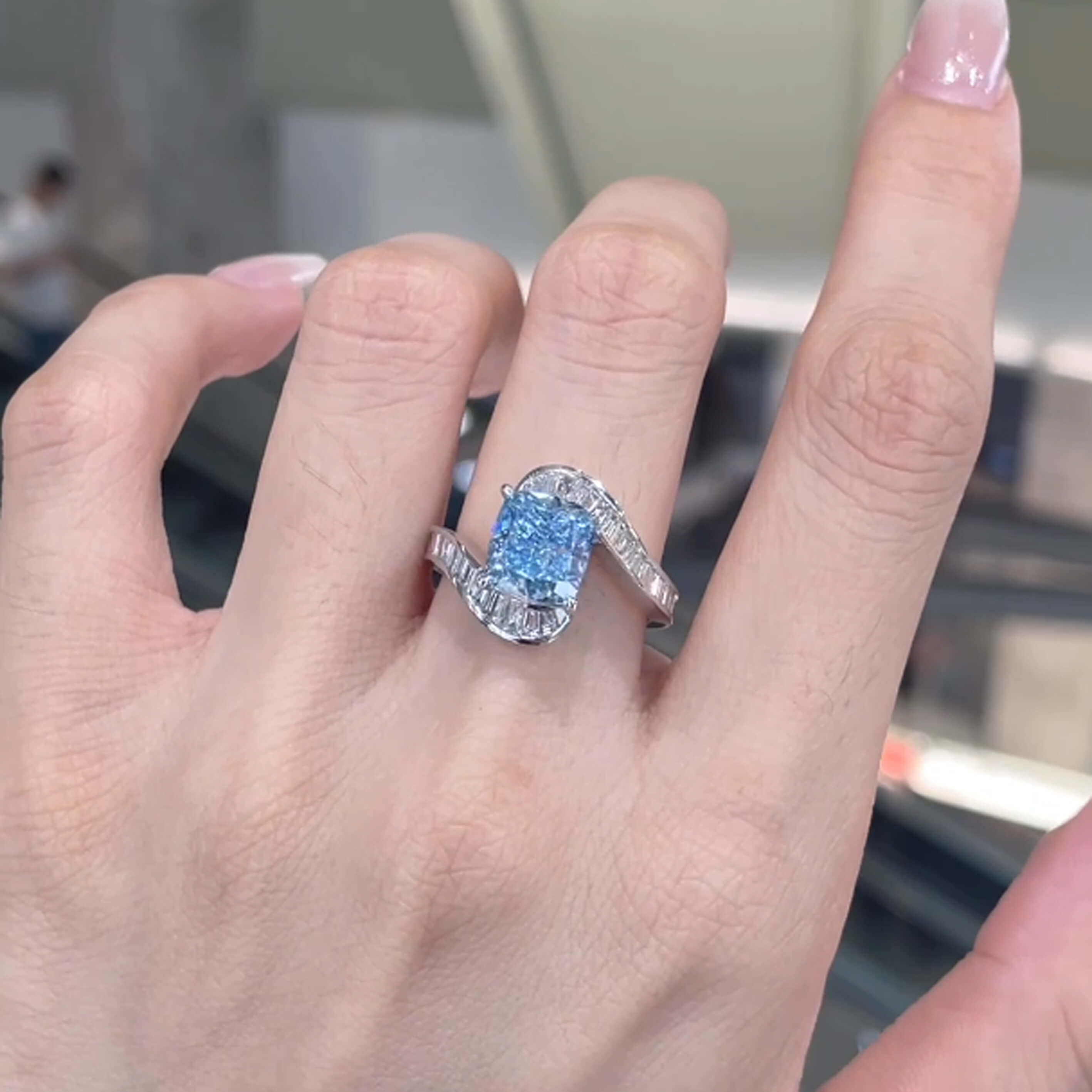 Halo setting cushion cut lab grown blue diamond engagement ring