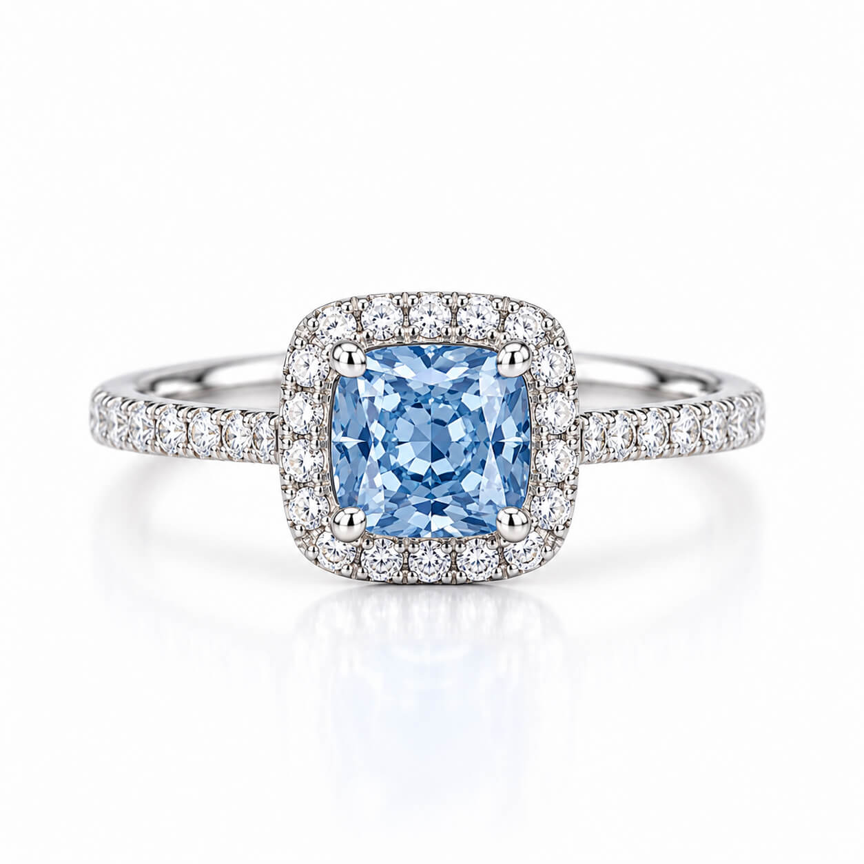 Halo setting cushion cut lab grown blue diamond engagement ring