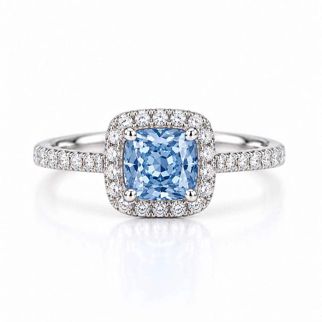 Halo setting cushion cut lab grown blue diamond engagement ring