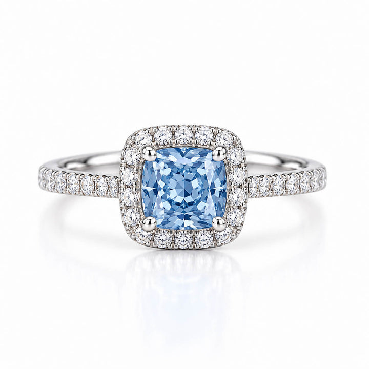 Halo setting cushion cut lab grown blue diamond engagement ring