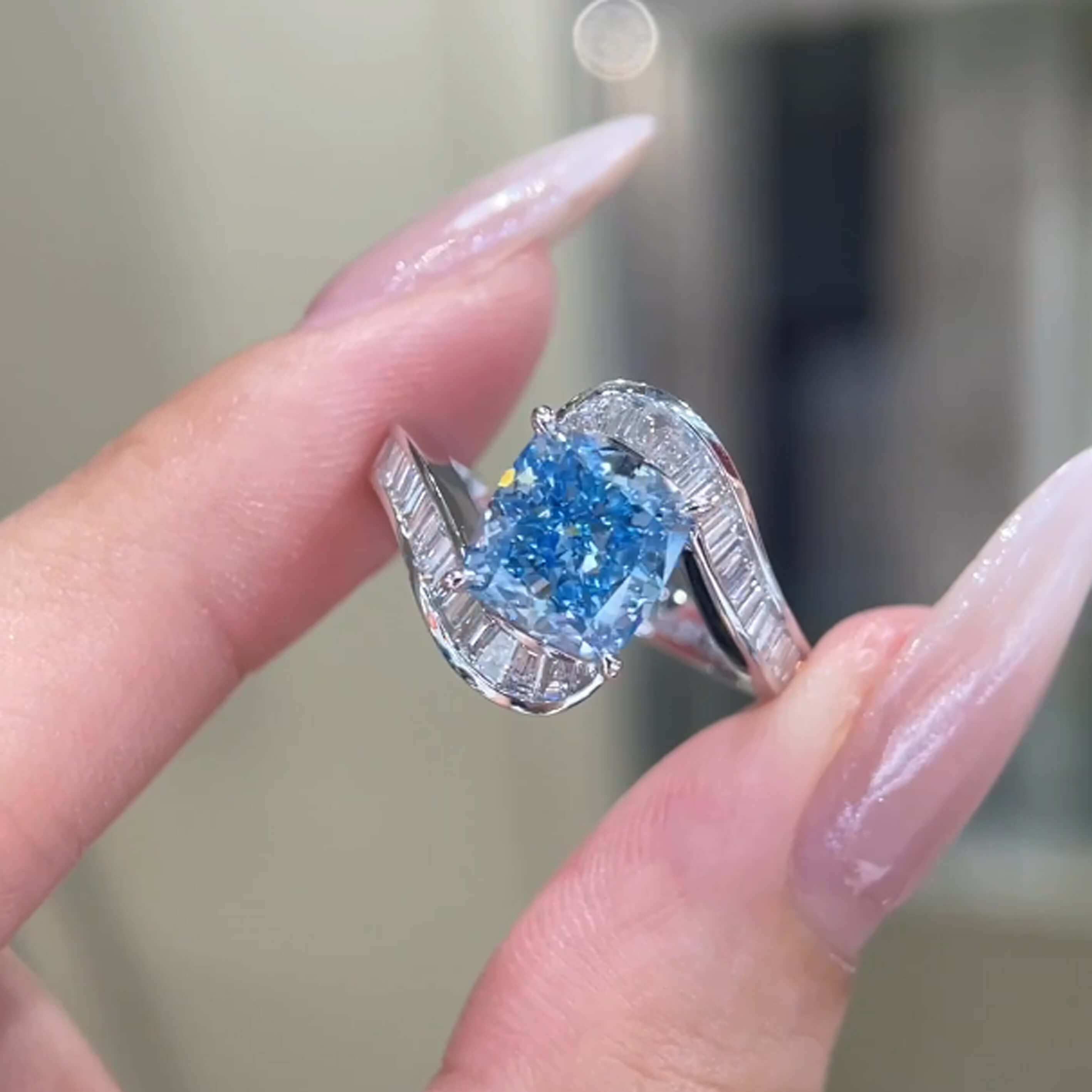 Halo setting cushion cut lab grown blue diamond engagement ring