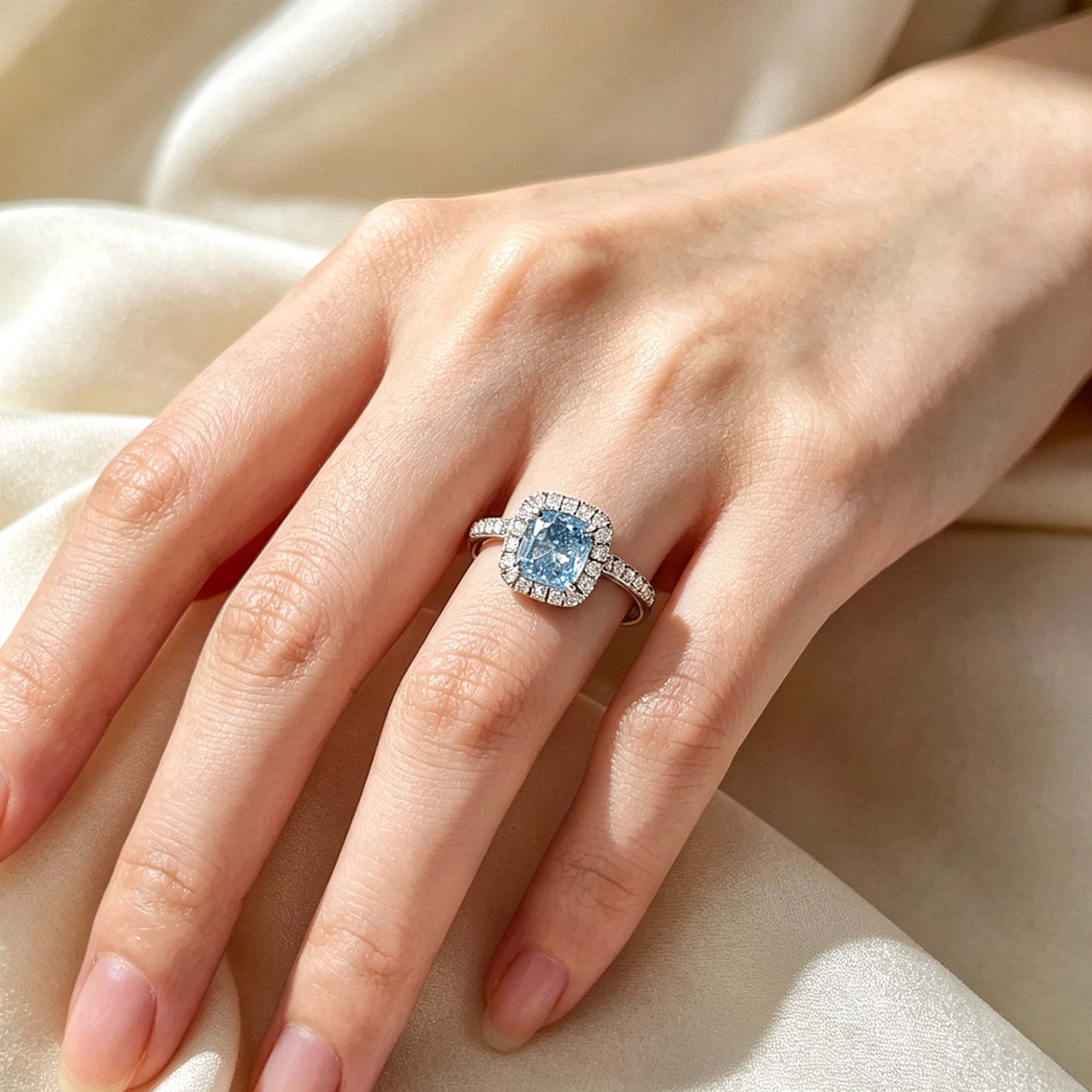 Halo setting cushion cut lab grown blue diamond engagement ring