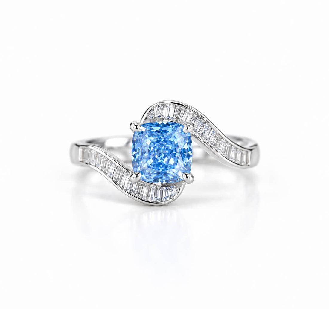 Halo setting cushion cut lab grown blue diamond engagement ring