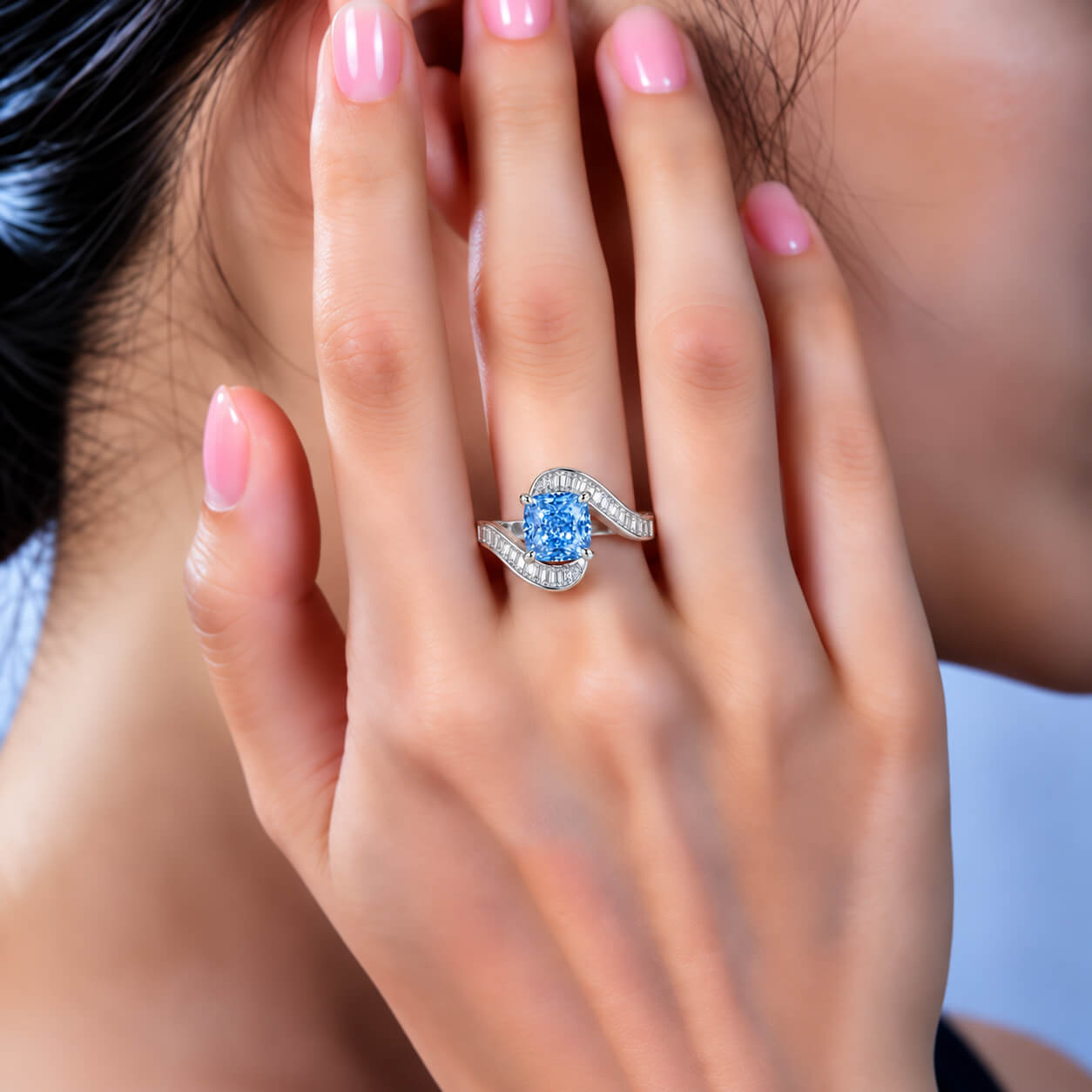 Halo setting cushion cut lab grown blue diamond engagement ring
