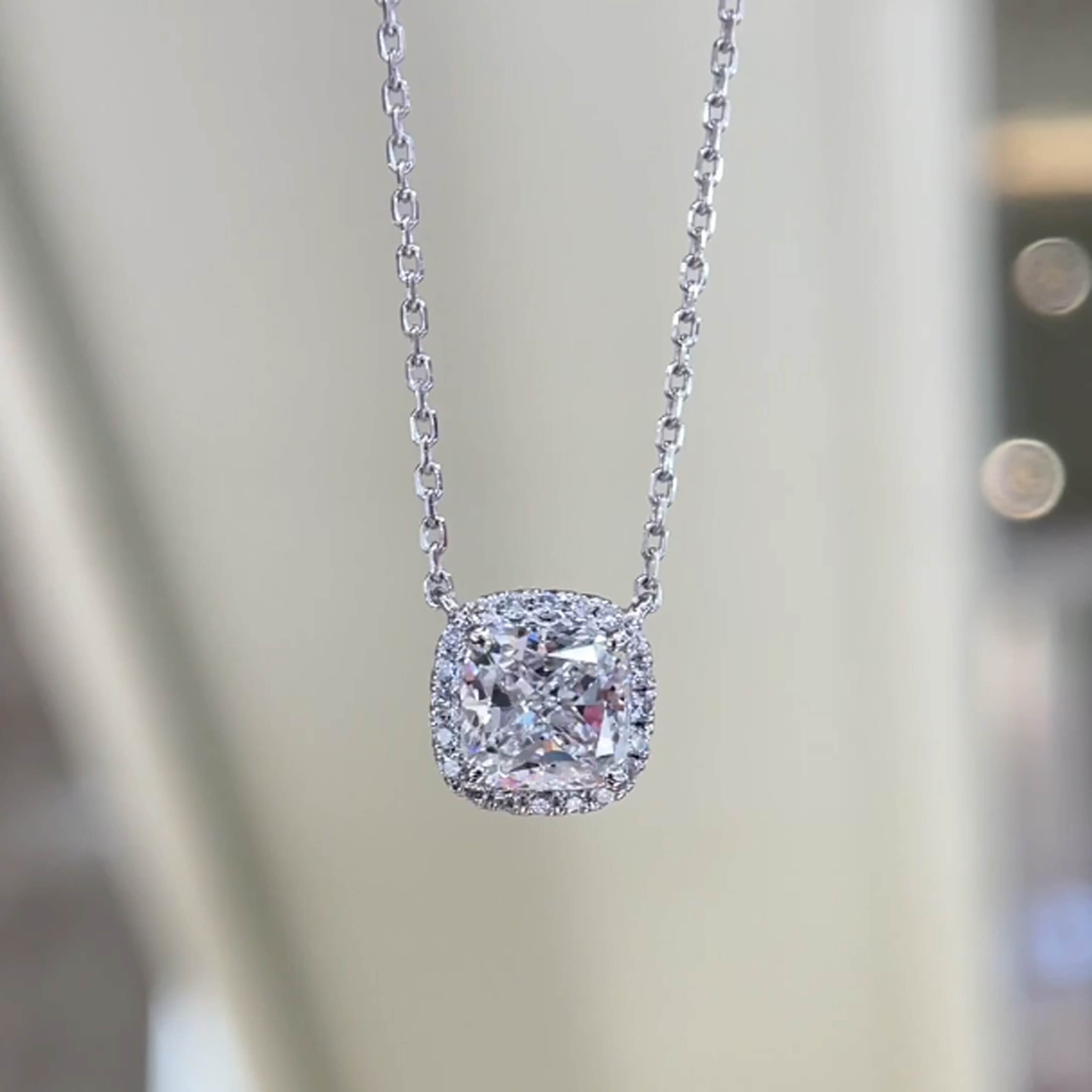 Halo setting cushion cut lab grown diamond pendant necklace