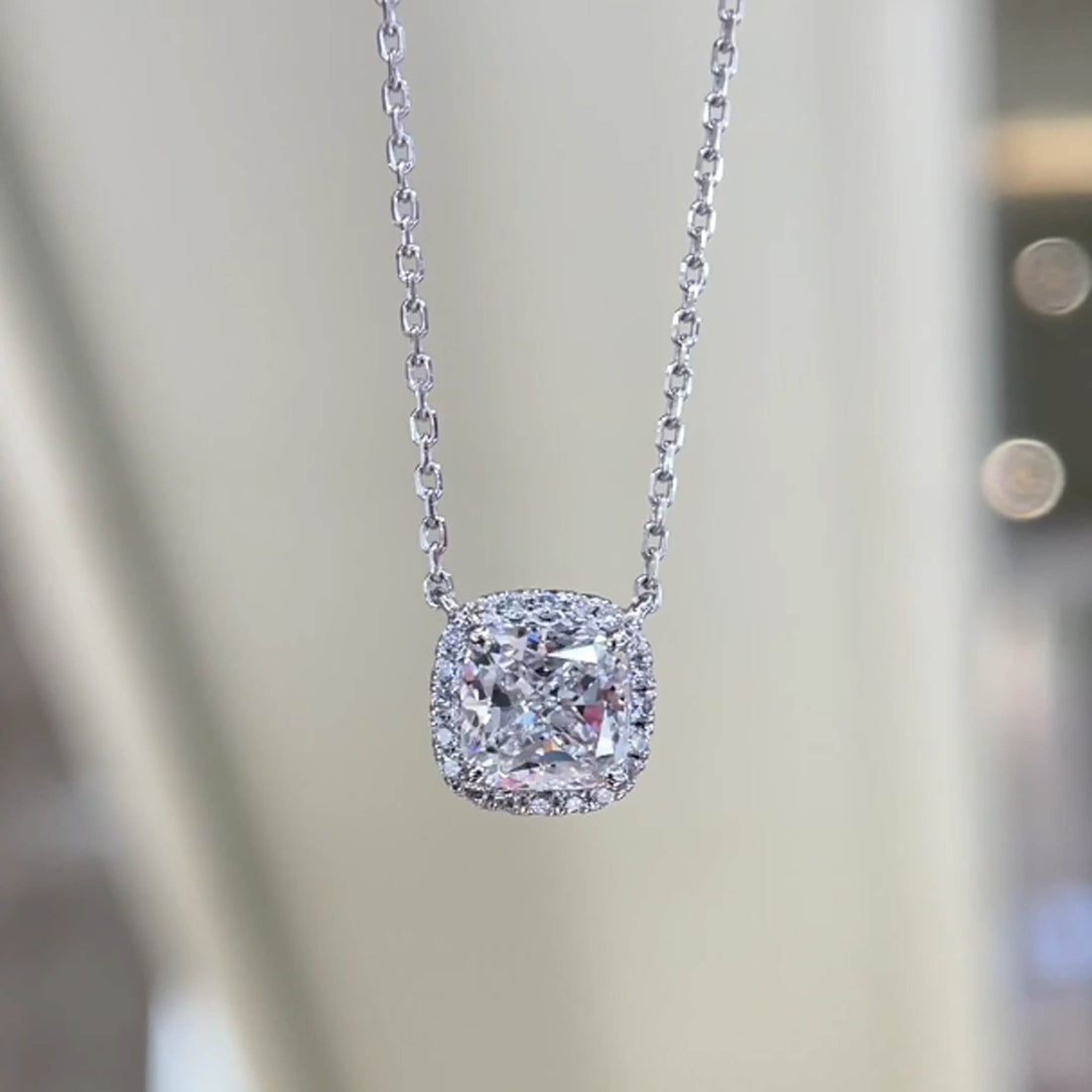 Halo setting cushion cut lab grown diamond pendant necklace
