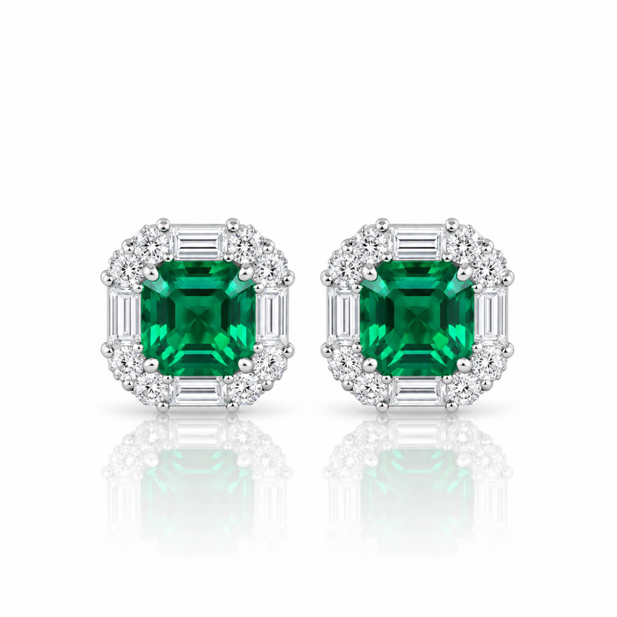 Halo setting cushion cut lab grown emerald earrings stud