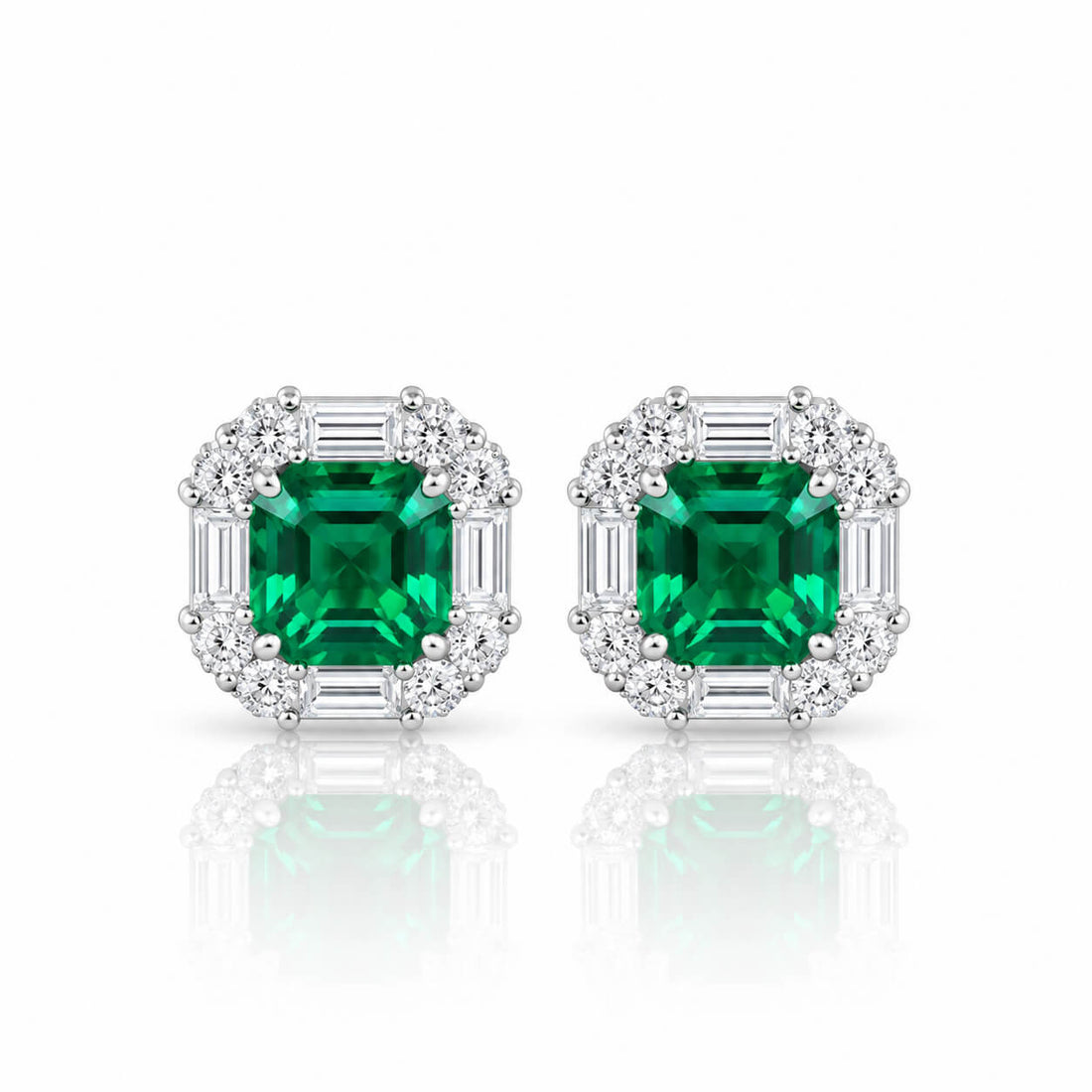 Halo setting cushion cut lab grown emerald earrings stud