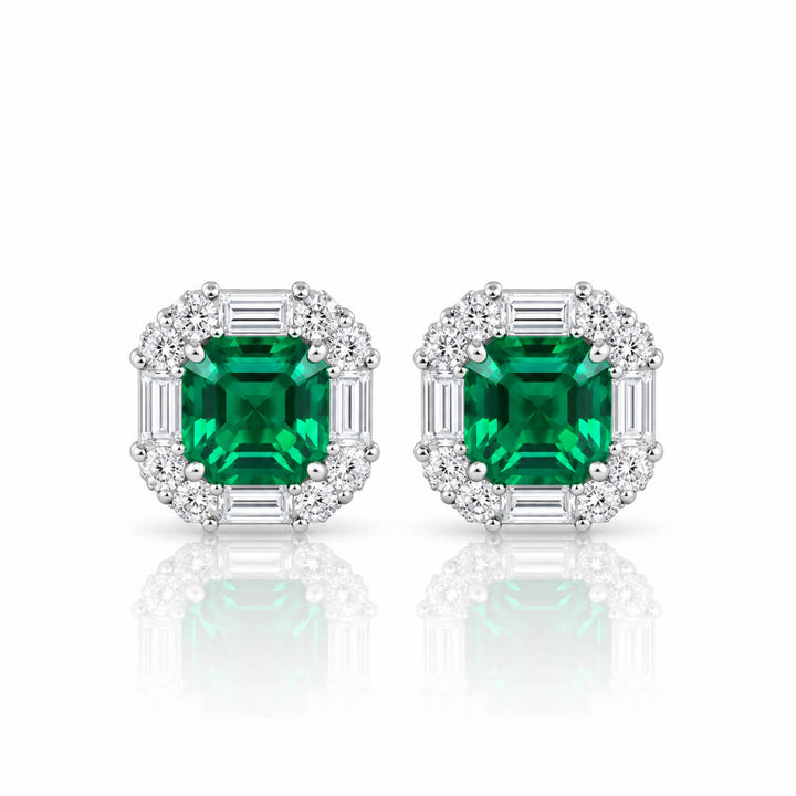 Halo setting cushion cut lab grown emerald earrings stud