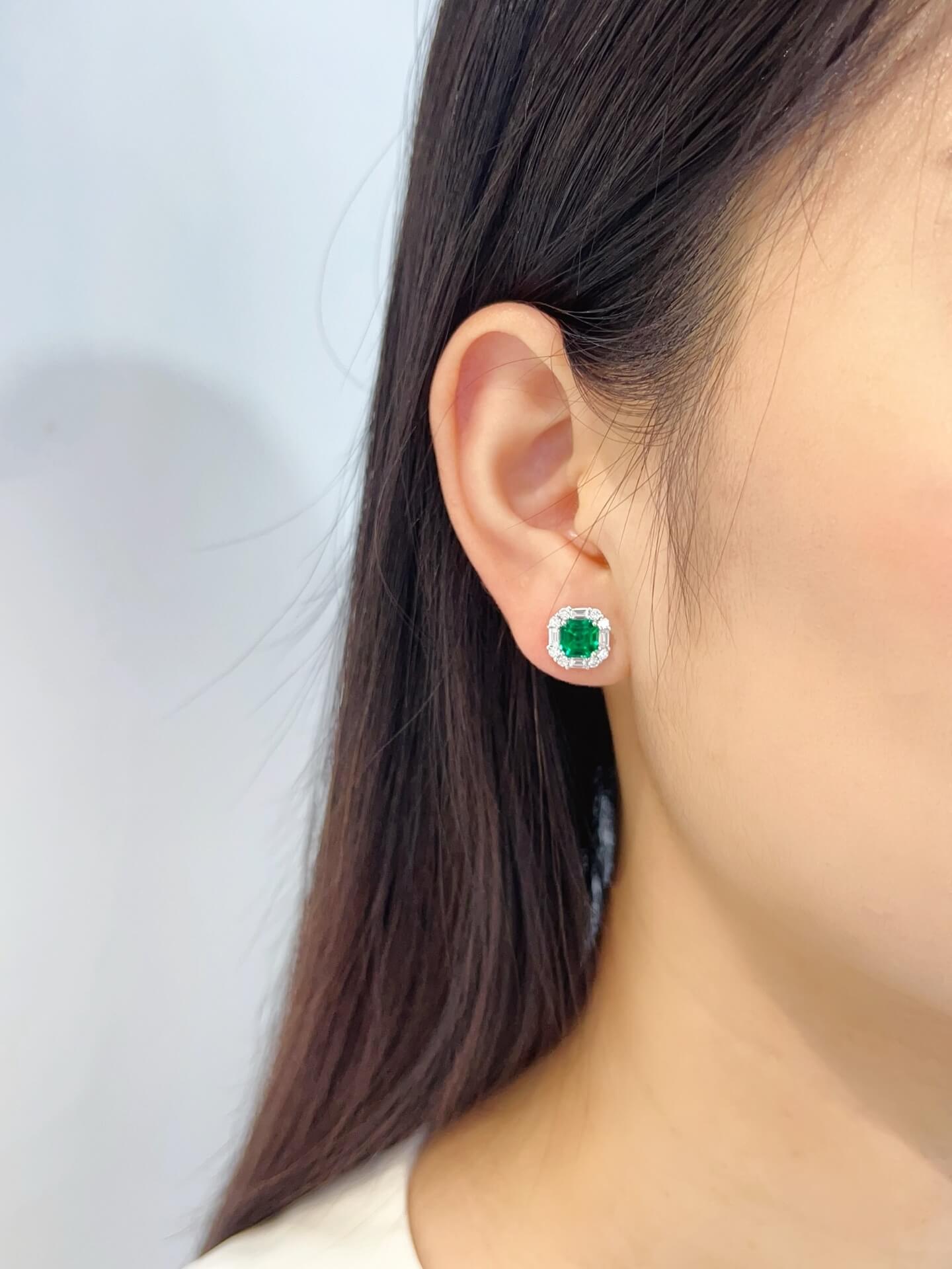 Halo setting cushion cut lab grown emerald earrings stud
