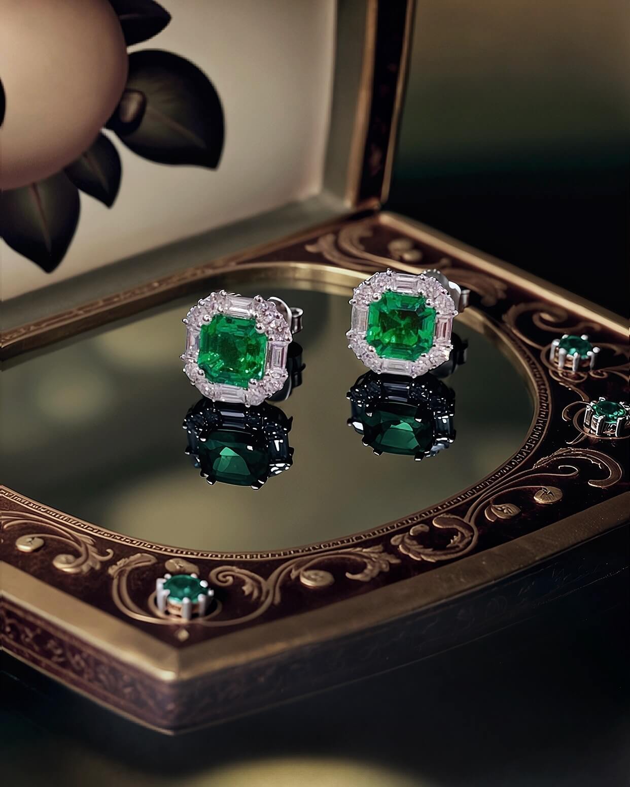 Halo setting cushion cut lab grown emerald earrings stud