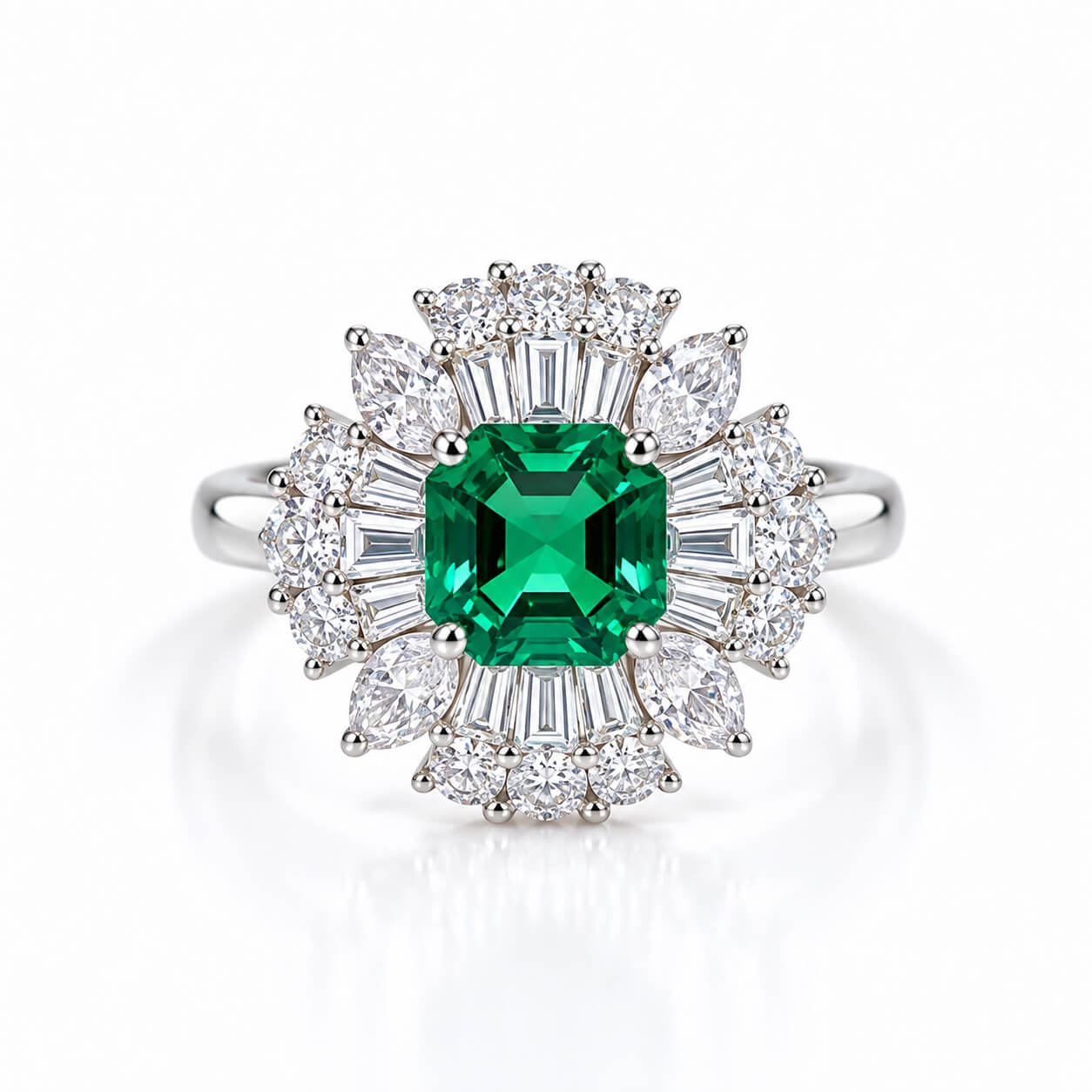 Halo setting cushion cut lab grown emerald engagement ring