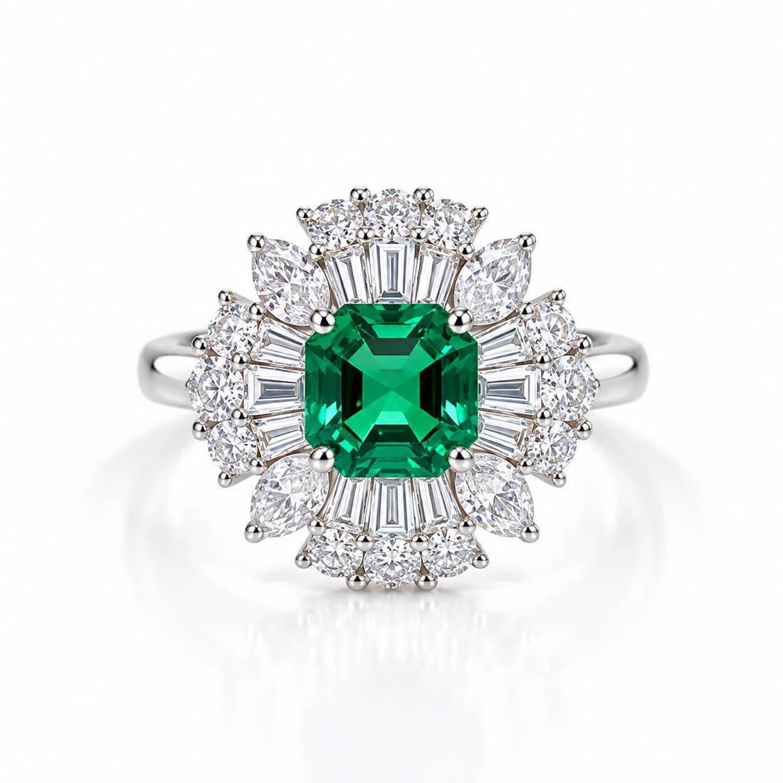 Halo setting cushion cut lab grown emerald engagement ring