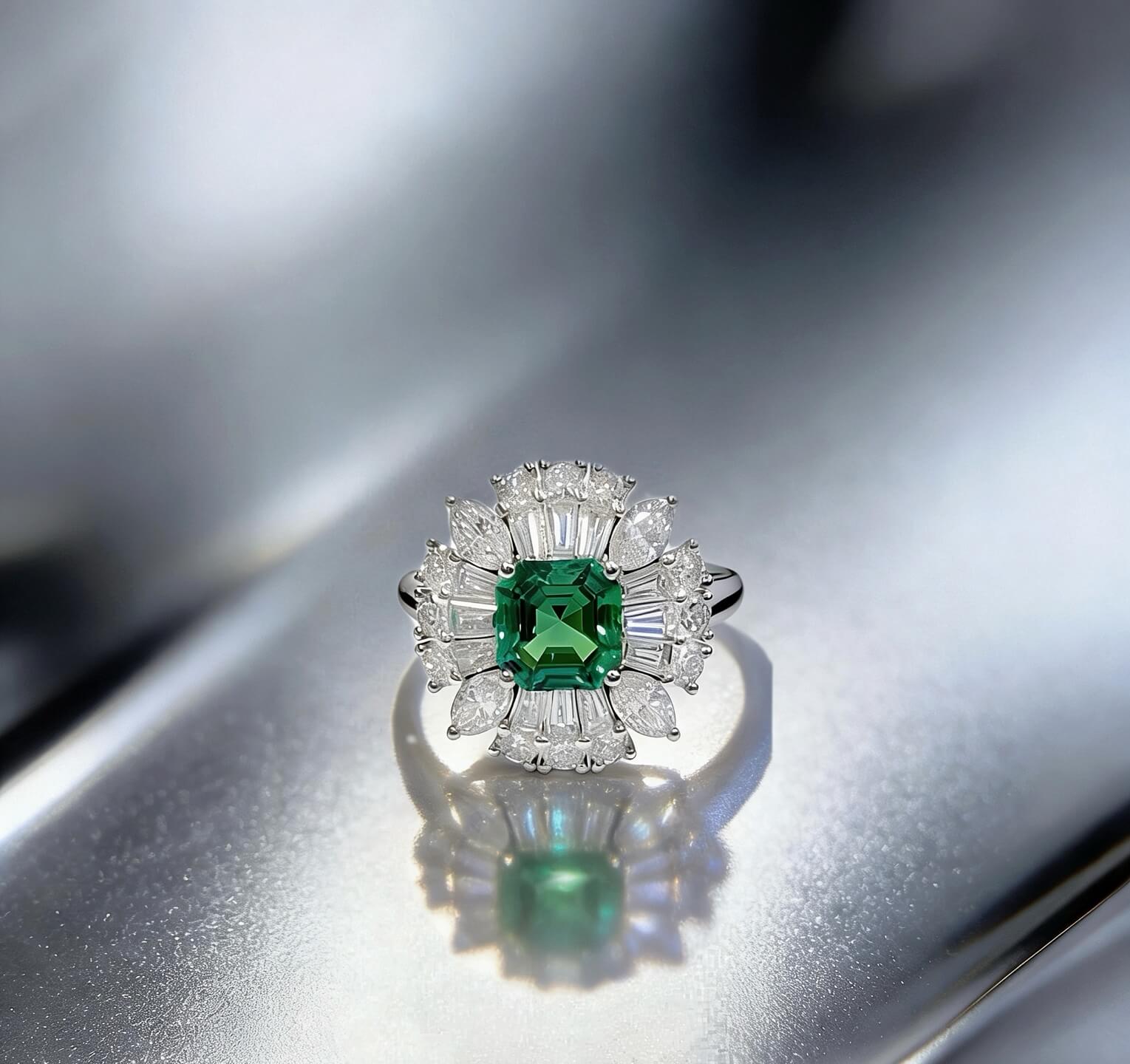 Halo setting cushion cut lab grown emerald engagement ring