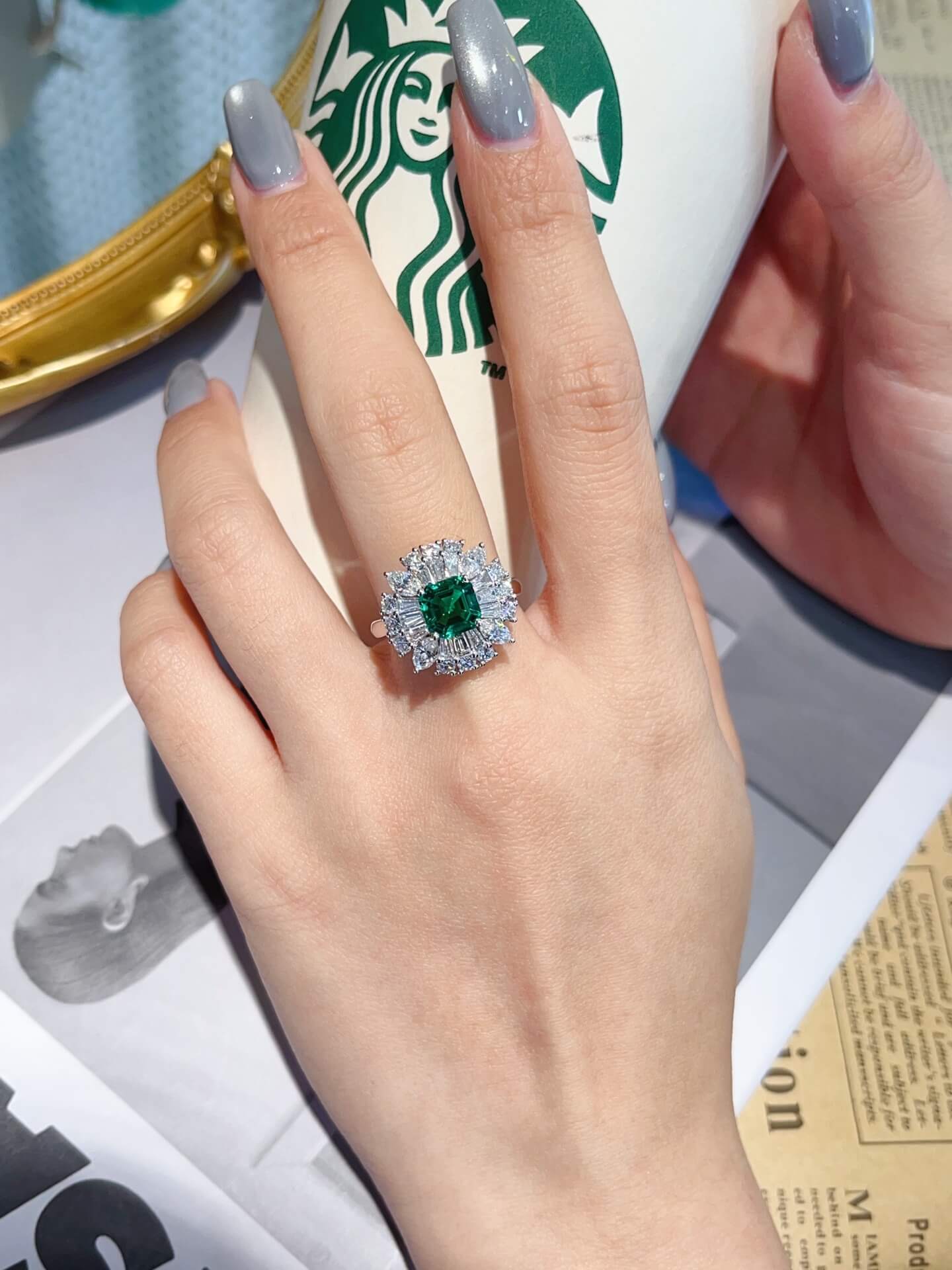 Halo setting cushion cut lab grown emerald engagement ring
