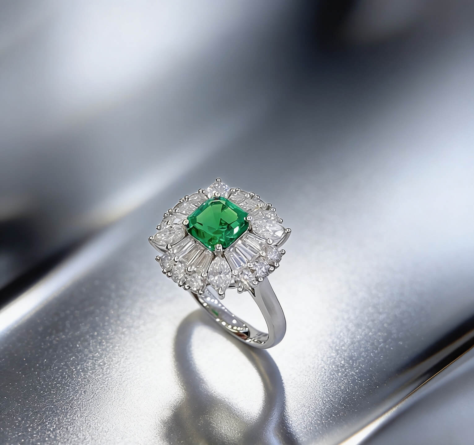 Halo setting cushion cut lab grown emerald engagement ring