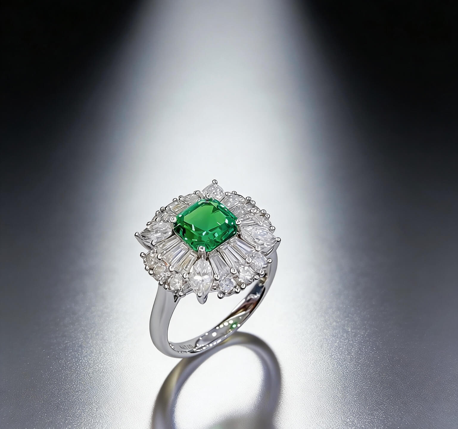 Halo setting cushion cut lab grown emerald engagement ring