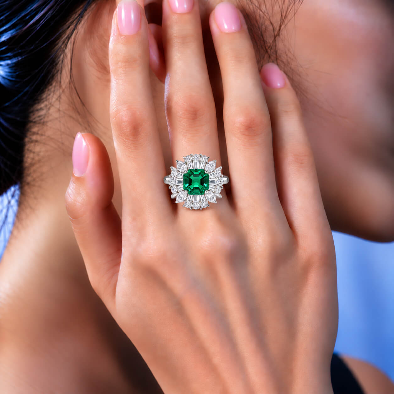 Halo setting cushion cut lab grown emerald engagement ring