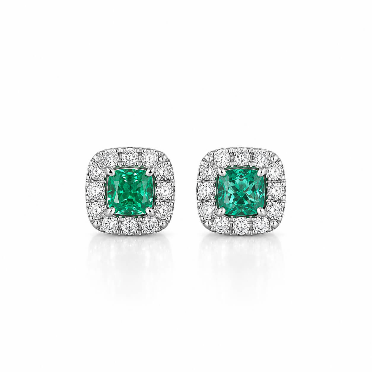 Halo setting cushion cut lab grown green diamond earrings stud
