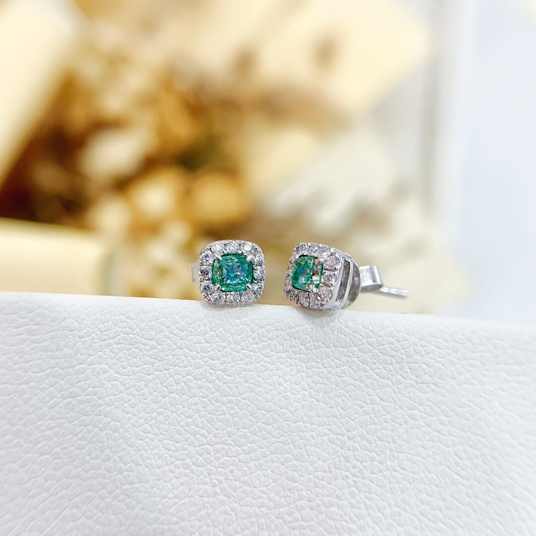 Halo setting cushion cut lab grown green diamond earrings stud