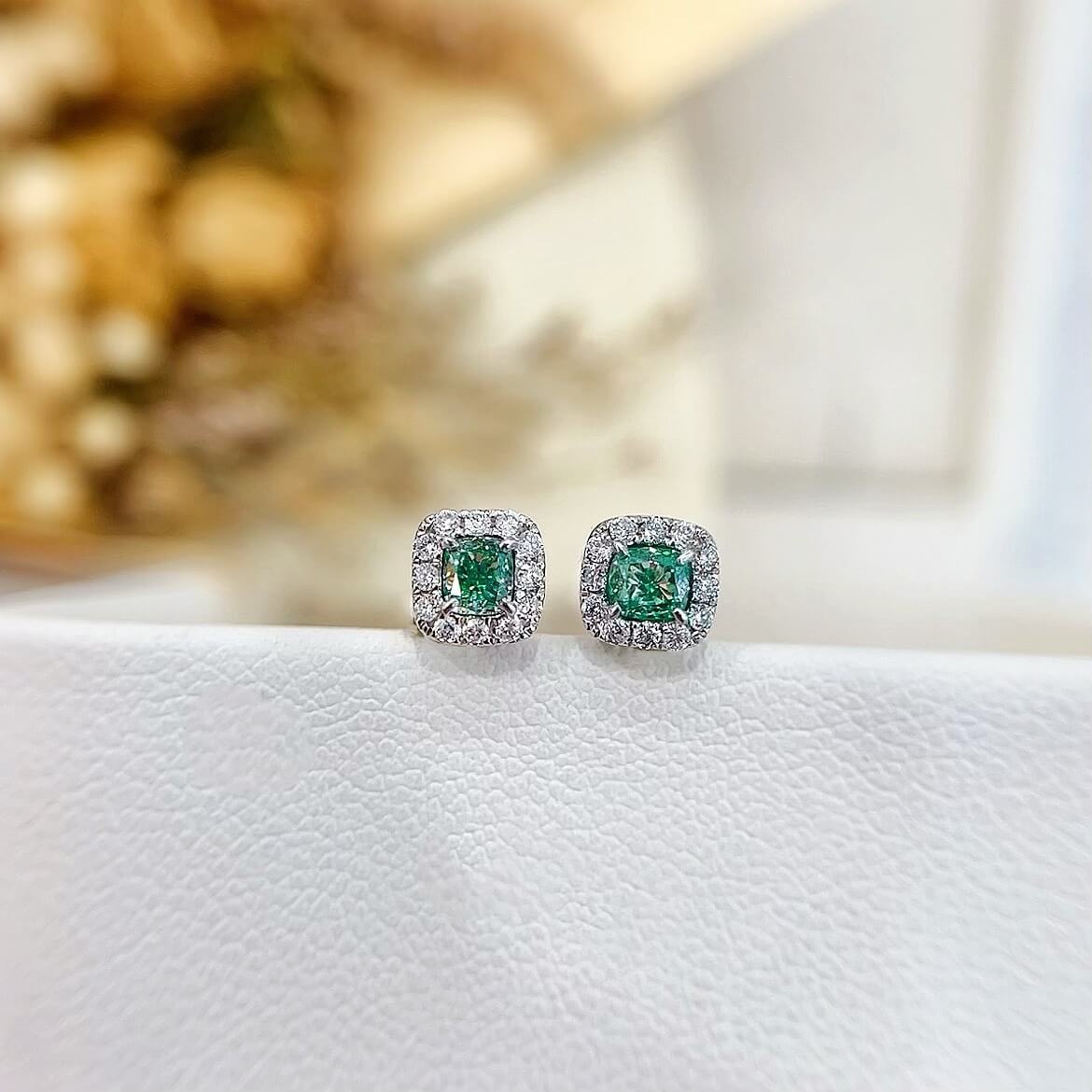 Halo setting cushion cut lab grown green diamond earrings stud