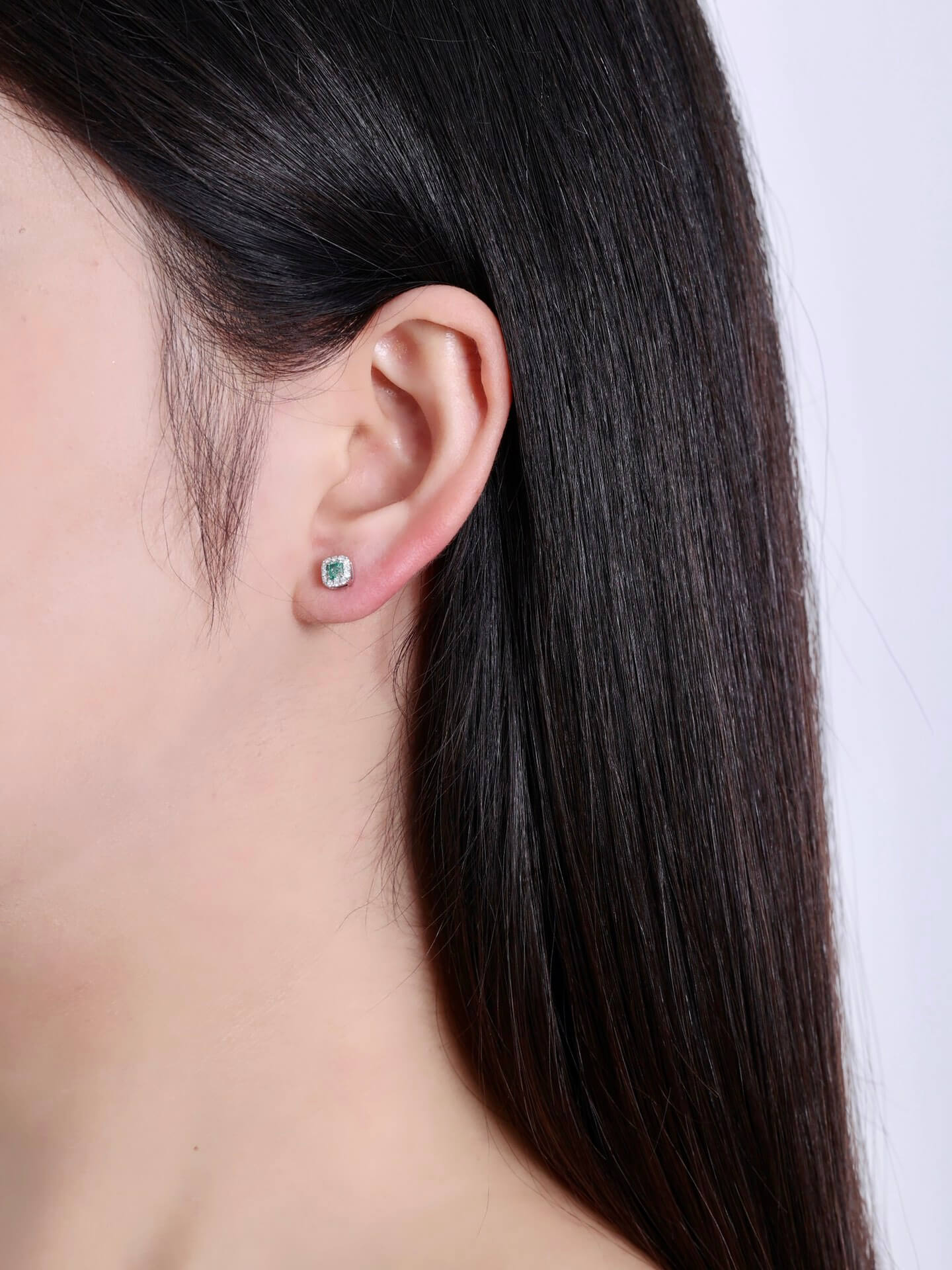 Halo setting cushion cut lab grown green diamond earrings stud