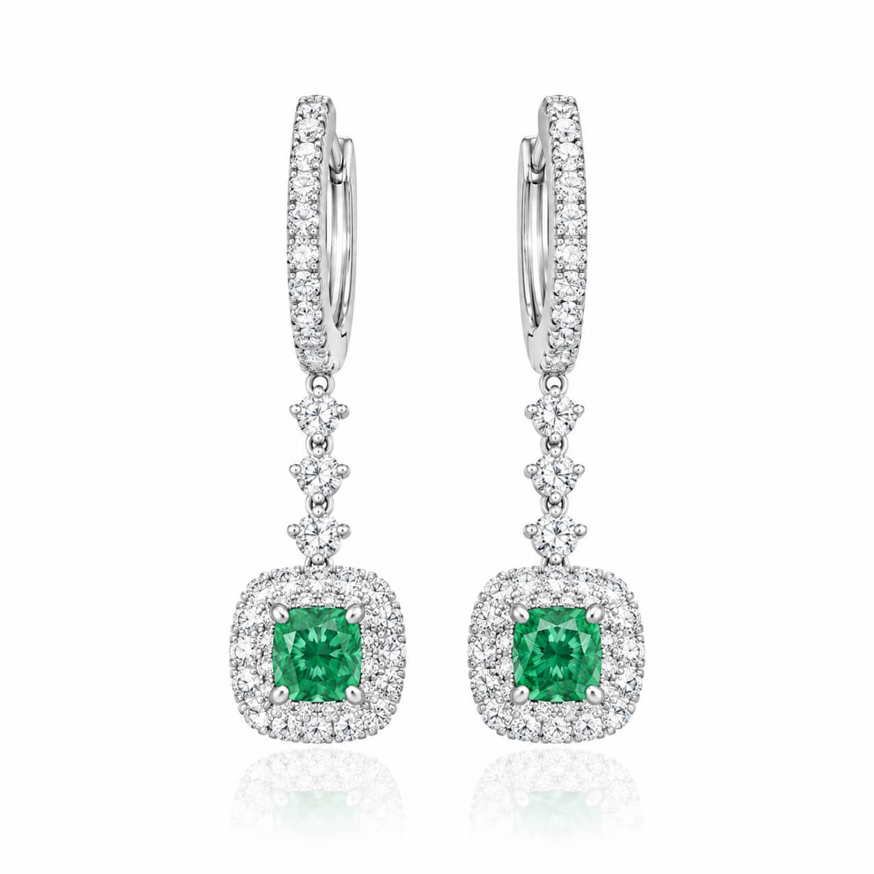Halo setting cushion cut lab grown green diamond hoop earrings