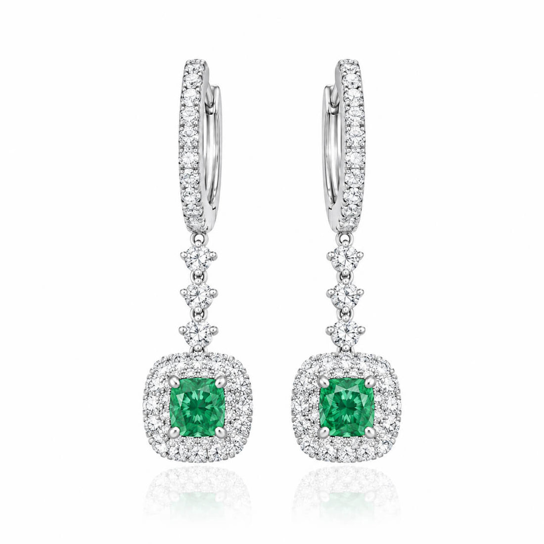 Halo setting cushion cut lab grown green diamond hoop earrings
