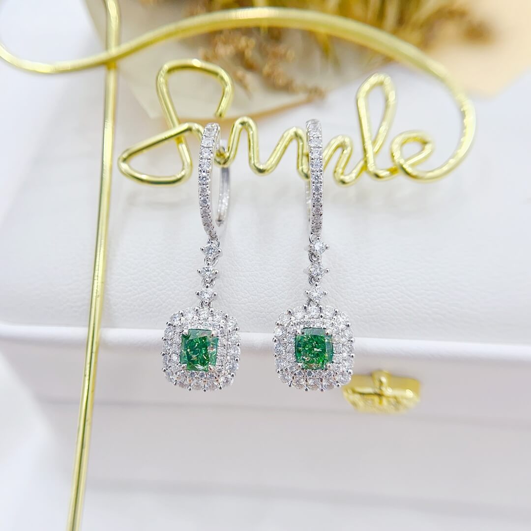 Halo setting cushion cut lab grown green diamond hoop earrings