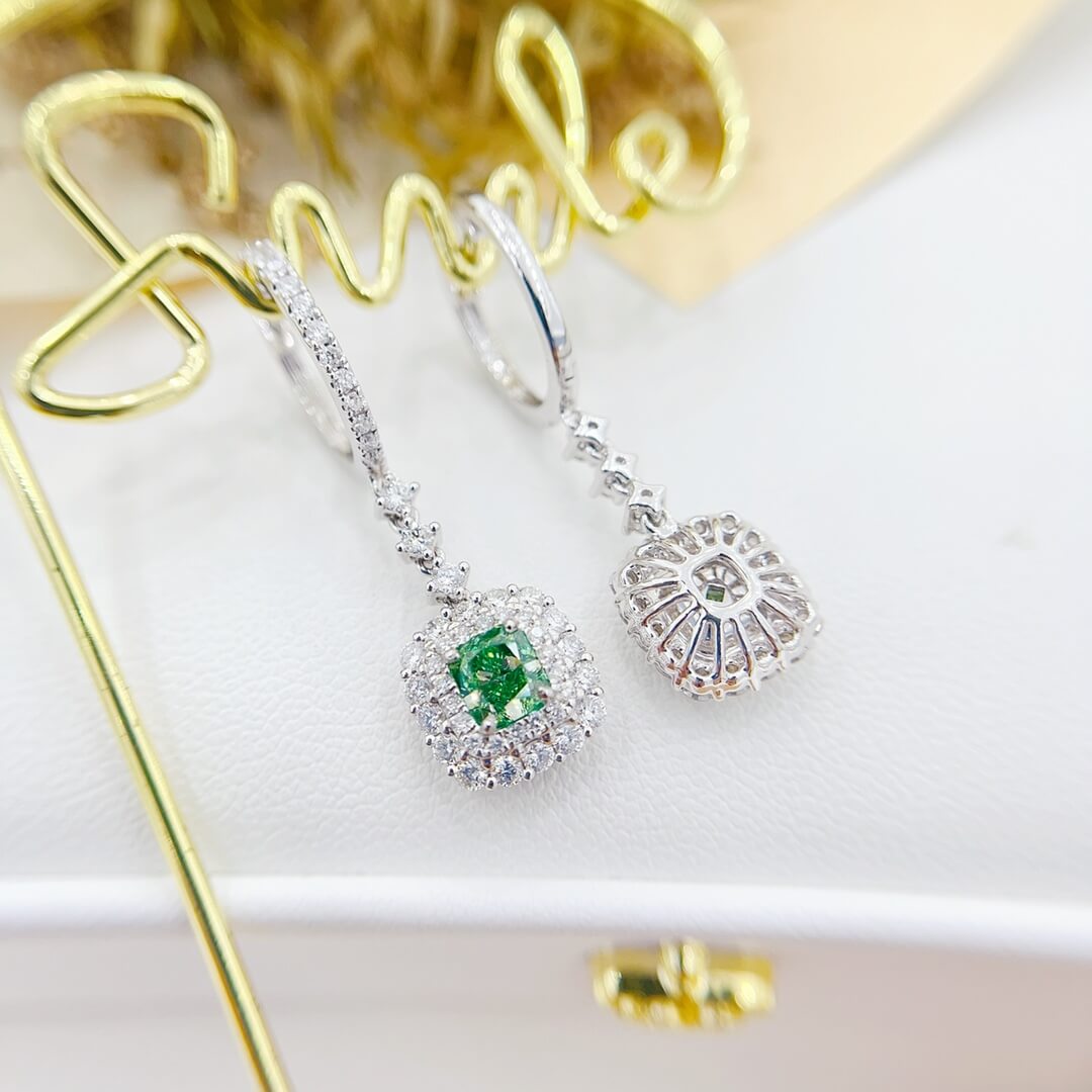 Halo setting cushion cut lab grown green diamond hoop earrings