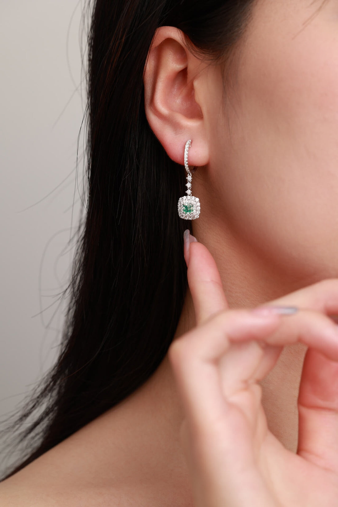 Halo setting cushion cut lab grown green diamond hoop earrings