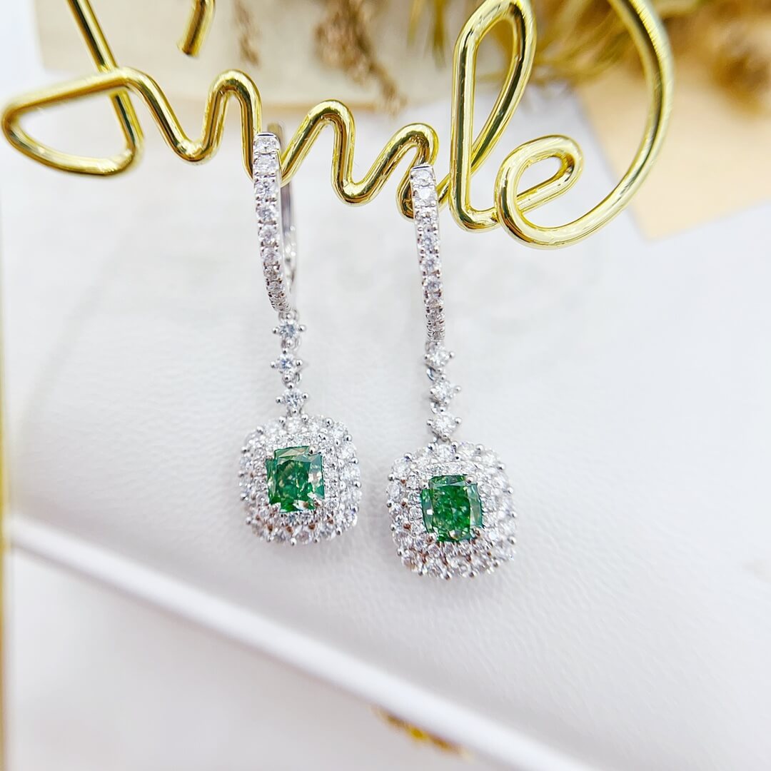 Halo setting cushion cut lab grown green diamond hoop earrings