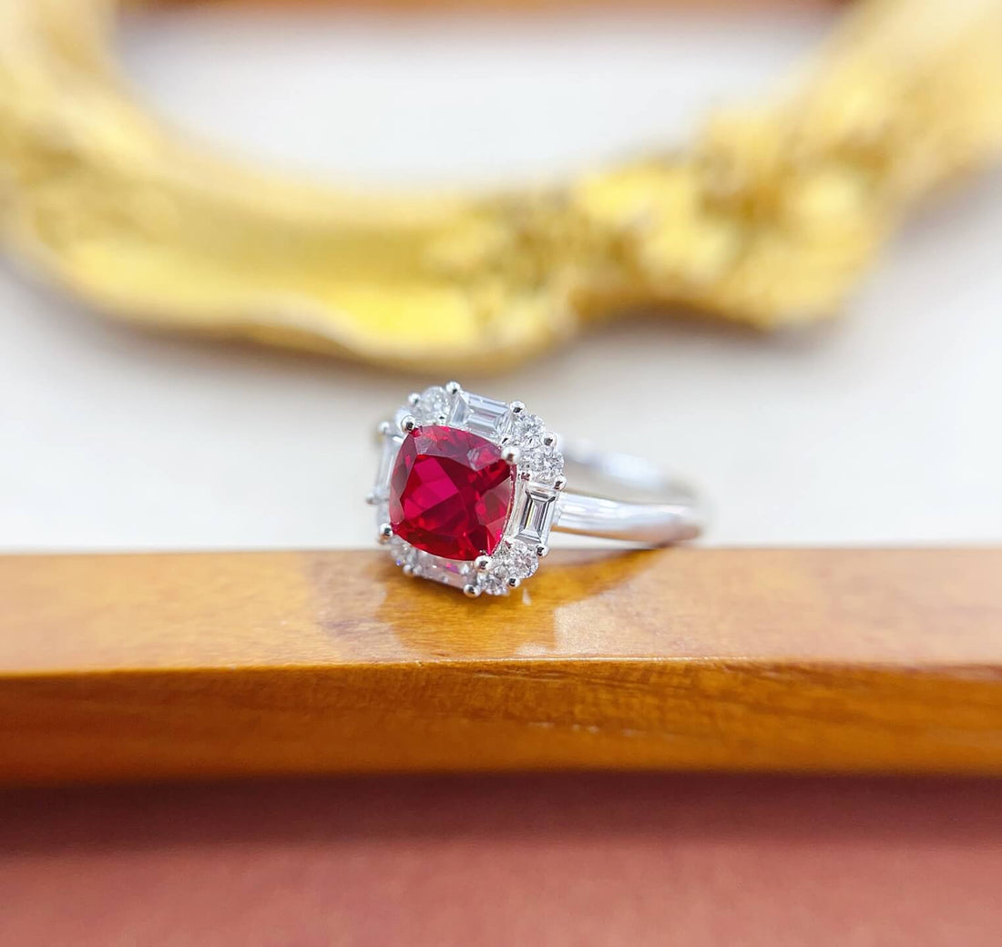 Halo setting cushion cut lab grown ruby engagement ring