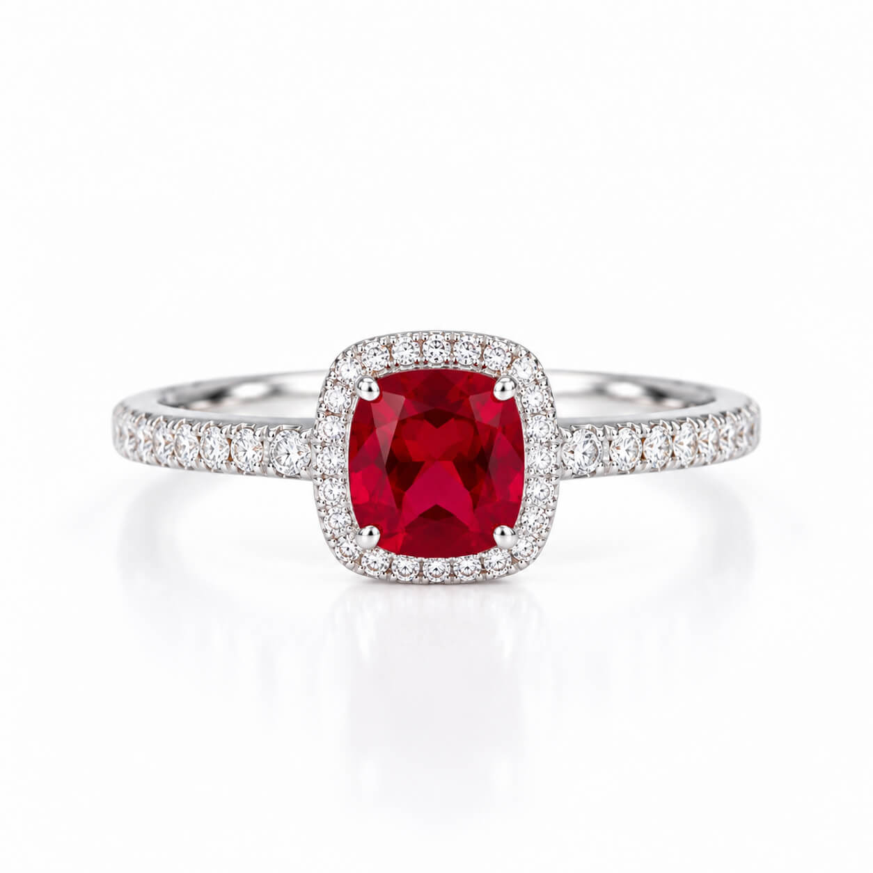 Halo setting cushion cut lab grown ruby engagement ring