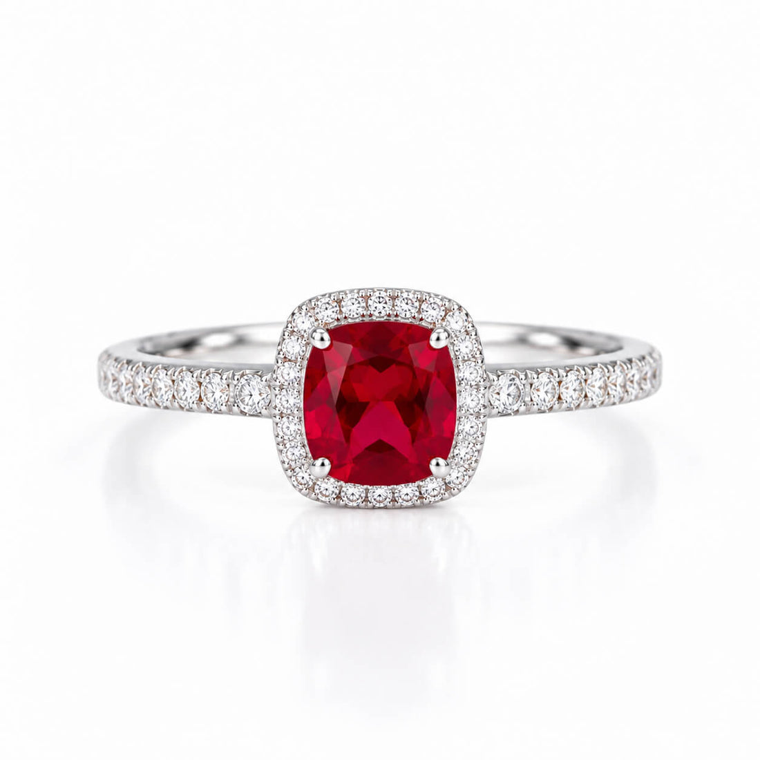 Halo setting cushion cut lab grown ruby engagement ring