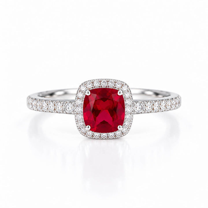 Halo setting cushion cut lab grown ruby engagement ring