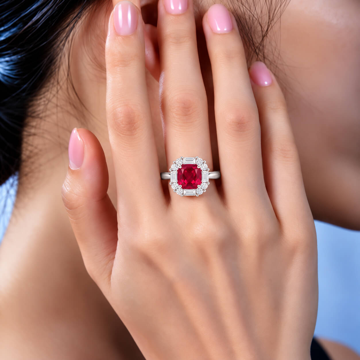 Halo setting cushion cut lab grown ruby engagement ring