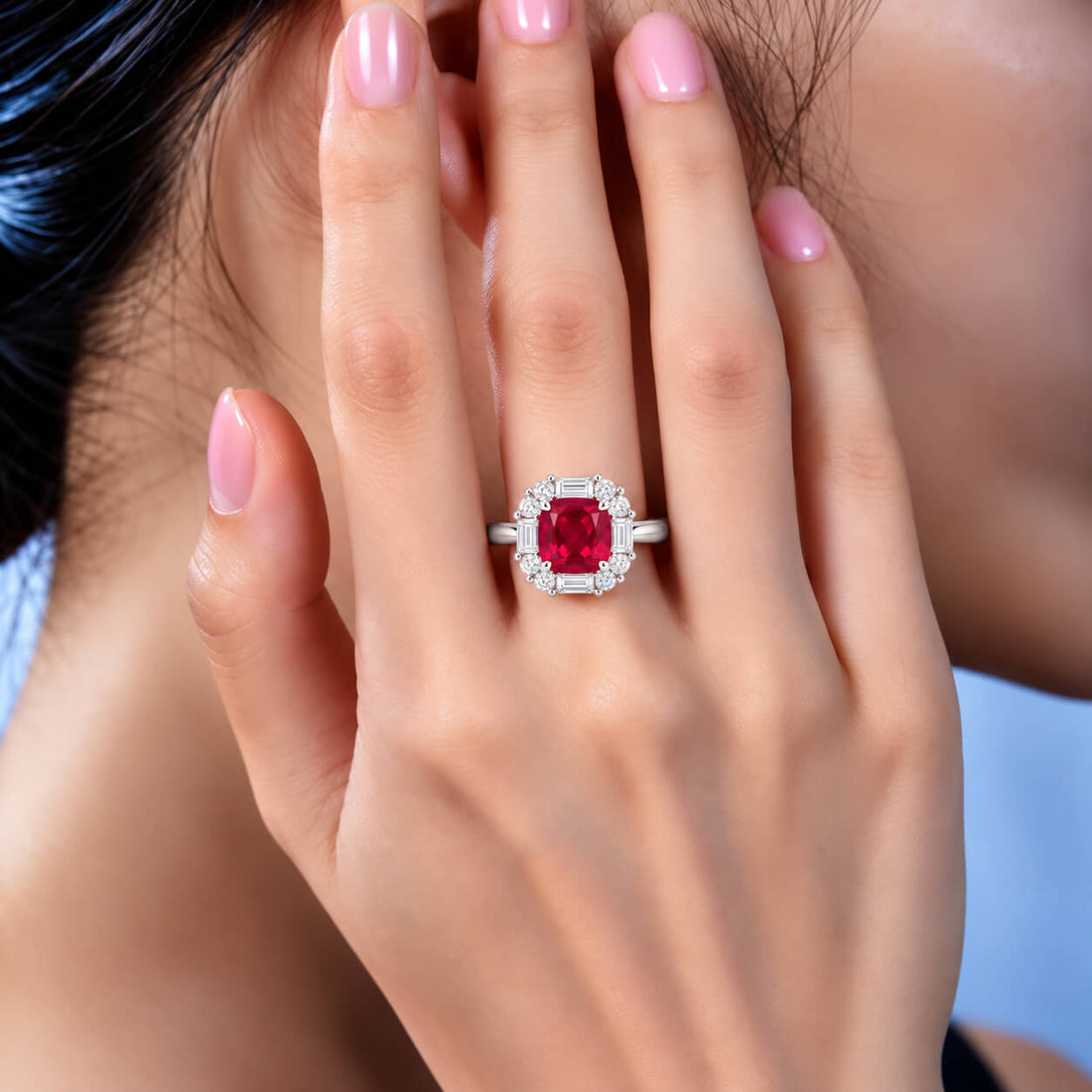 Halo setting cushion cut lab grown ruby engagement ring