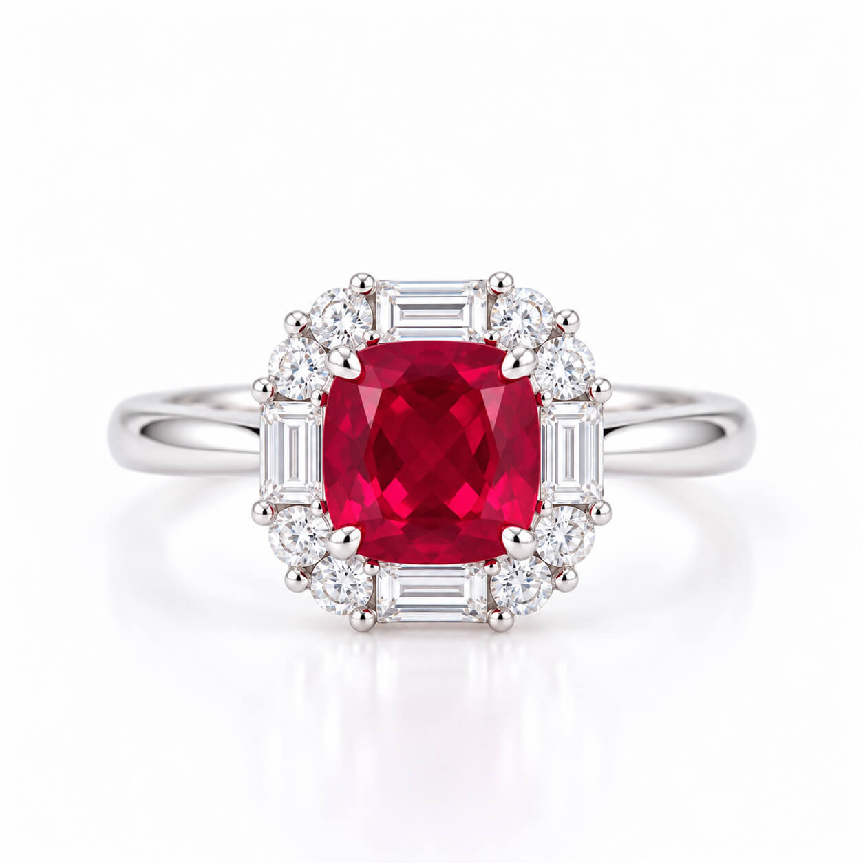Halo setting cushion cut lab grown ruby engagement ring