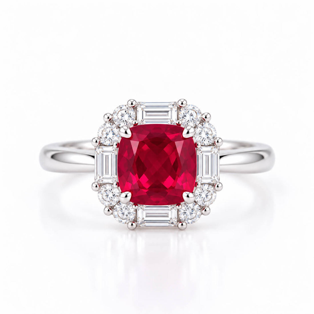Halo setting cushion cut lab grown ruby engagement ring