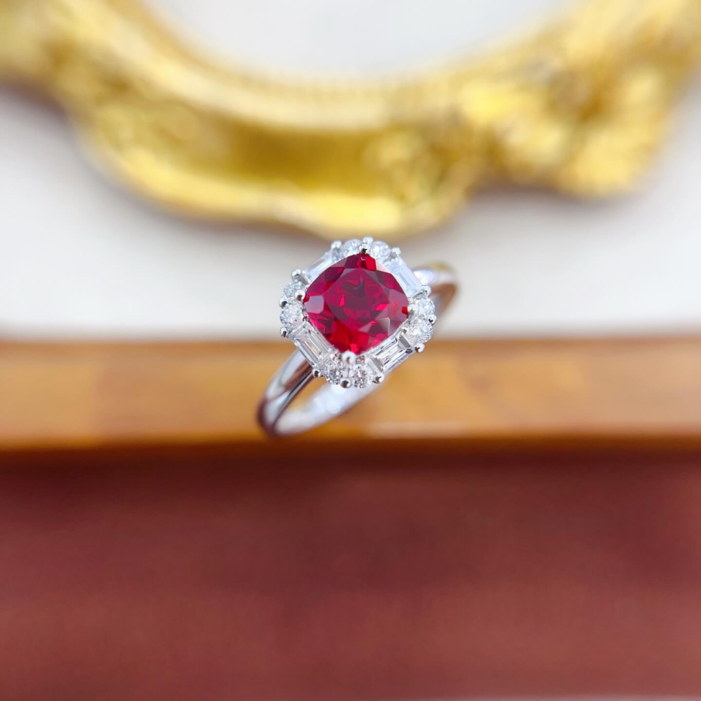 Halo setting cushion cut lab grown ruby engagement ring