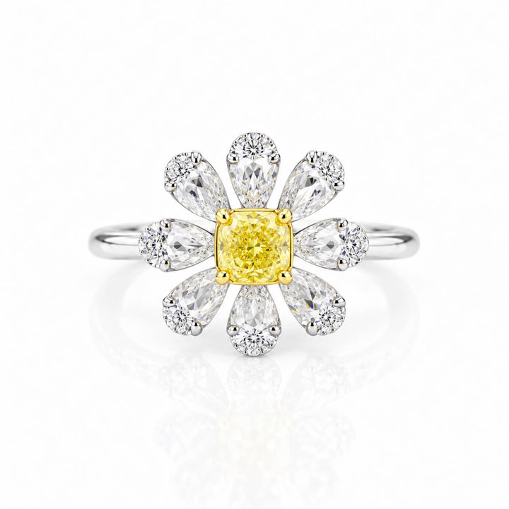 Halo setting cushion cut lab grown yellow diamond engagement ring