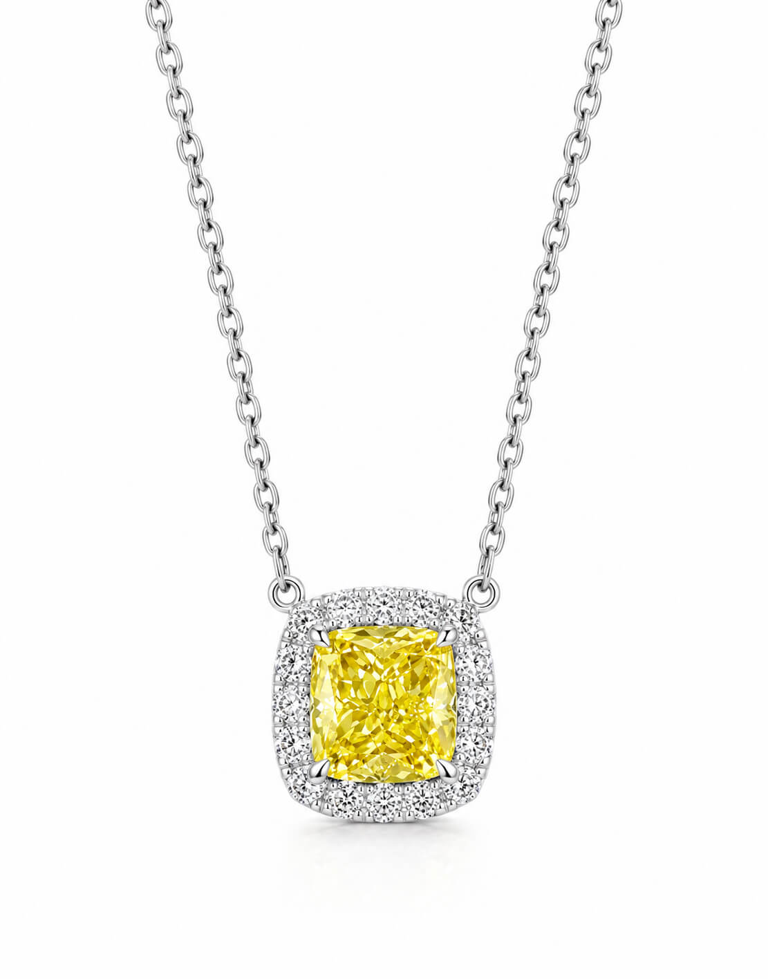 Halo setting cushion cut lab grown yellow diamond pendant necklace